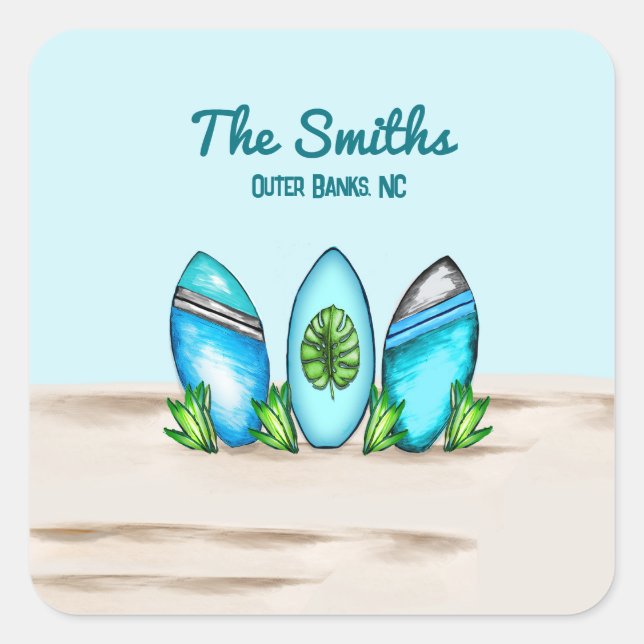 Pegatina Cuadrada Tablas de Surf Retro (Anverso)