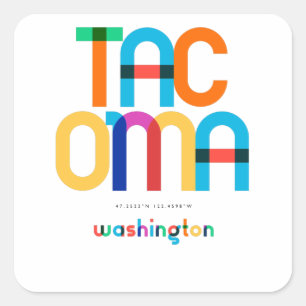 Pegatina Cuadrada Tacoma Washington Mid Century, Arte Pop,