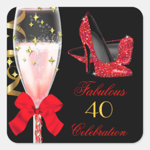 Pegatina Cuadrada Tacones Brillantes Rojos Fabulosos Cumpleaños Negr