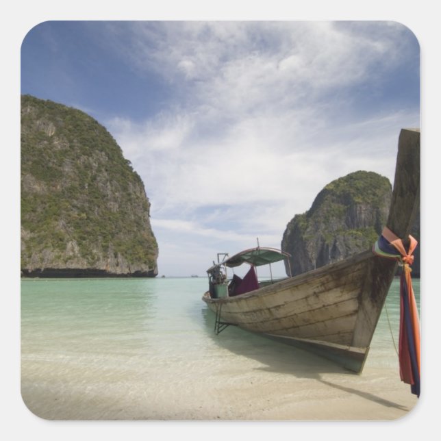 Pegatina Cuadrada Tailandia, Isla Phi Phi Lay, Bahía de Maya. (Anverso)