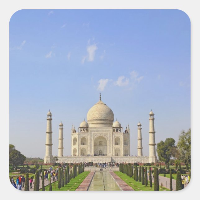 Pegatina Cuadrada Taj Mahal, un mausoleo situado en Agra, India, (Anverso)