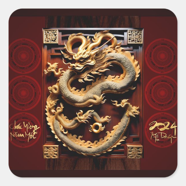 Pegatina Cuadrada Tambores vietnamitas Têt Dragon Nochevieja 2024 (Anverso)