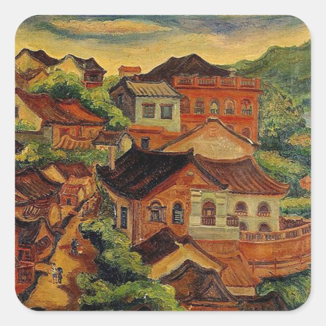Pegatina Cuadrada Tamsui & Chen Cheng-Po /Arte antiguo de Taiwán (Anverso)