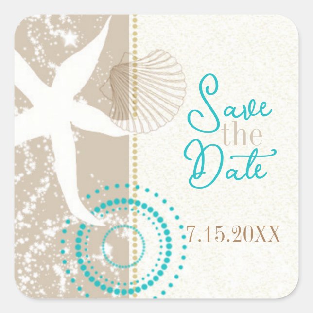 Pegatina Cuadrada Tan Beige Beach Wedding Save the Date (Anverso)