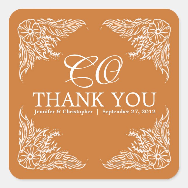 Pegatina Cuadrada Tangerina y Boda Blanco Gracias Monograma (Anverso)