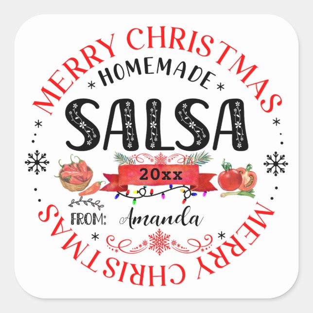 Pegatina Cuadrada Tapa de frasco de salsa casera Feliz Navidad (Anverso)