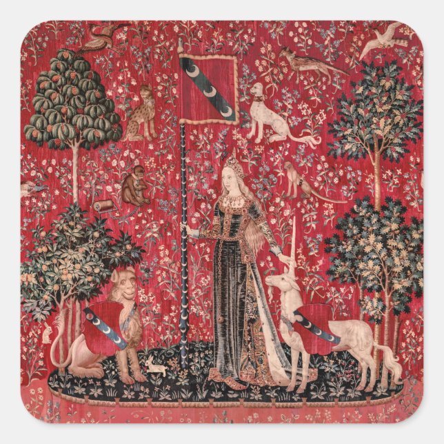 Pegatina Cuadrada Tapiz medieval de Lady y Unicorn (Anverso)