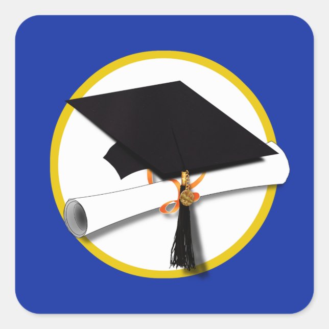 Pegatina Cuadrada Tapón de graduación con Diploma - Azul (Anverso)