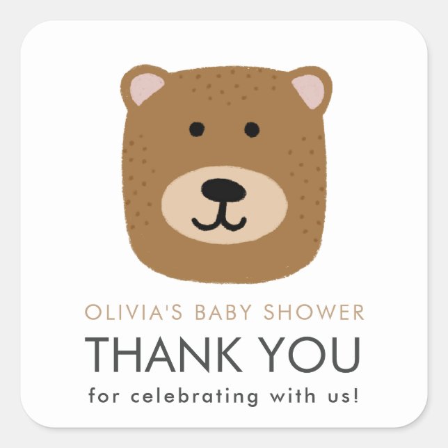 Pegatina Cuadrada Tarjeta de agradecimiento de Baby Shower Bear Cub (Anverso)