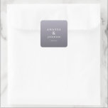 Pegatina Cuadrada Tarjeta de agradecimiento elegante de lavanda<br><div class="desc">Esta pegatina de boda presenta un diseño minimalista con un fondo degradado que transita de lavanda claro a oscuro, creando una estética tranquilizadora y elegante. La composición centrada destaca la tipografía serif en negrita para los nombres "Amanda & Jordan", conectados por un elegante ampersand, mientras que la frase "gracias" está...</div>