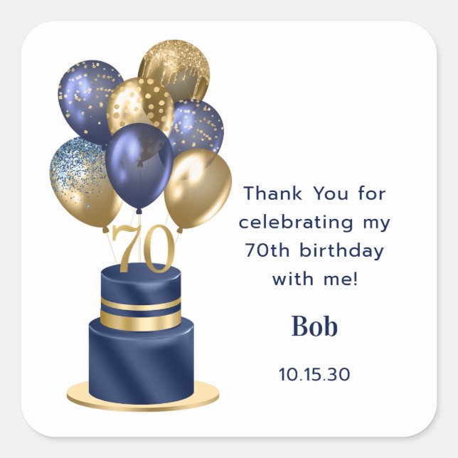 Pegatina Cuadrada Tarjeta de agradecimiento para pastel de globos az (Anverso)
