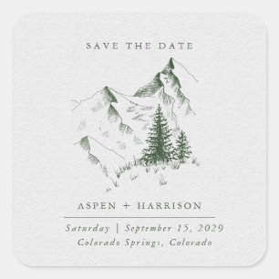 Pegatina Cuadrada Tarjeta de aviso de bosque de pinos de montaña en 