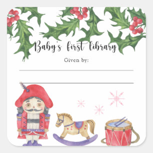 Pegatina Cuadrada Tarjeta de biblioteca para bebé en shower de invie