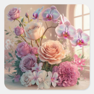 Pegatina Cuadrada Tarjeta de bienvenida 3D Spring Flowers con Rosas