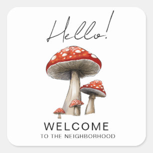 Pegatina Cuadrada Tarjeta de Bienvenida al Barrio – Hongos adorables