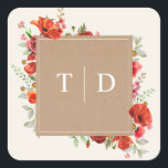 Pegatina Cuadrada Tarjeta de boda de cartulina con amapola monograma<br><div class="desc">Diseño de amapola silvestre sobre fondo blanco apagado. Las flores están dispuestas alrededor de un cuadrado inspirado en cartulina con texto blanco.</div>