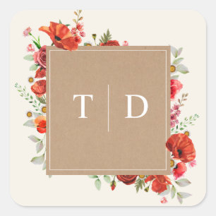 Pegatina Cuadrada Tarjeta de boda de cartulina con amapola monograma