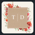 Pegatina Cuadrada Tarjeta de casamiento de cartulina con amapola de<br><div class="desc">Diseño de amapola silvestre sobre fondo blanco apagado. Las flores están dispuestas alrededor de un cuadrado inspirado en cartulina con texto blanco.</div>