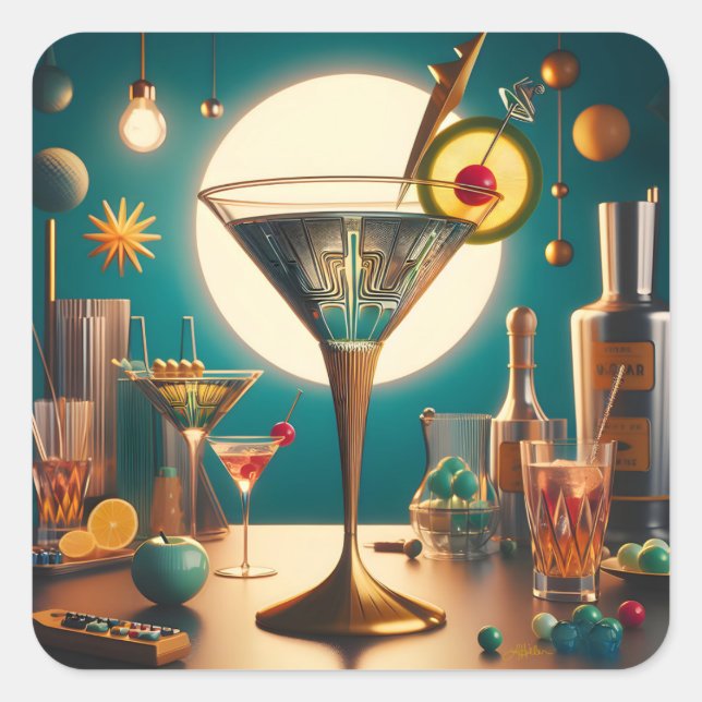 Pegatina Cuadrada Tarjeta de circuito futurista atómico Martini (Anverso)