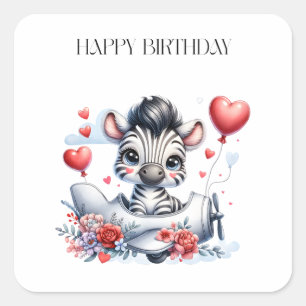 Pegatina Cuadrada Tarjeta de cumpleaños del avión cebra