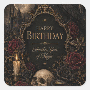 Pegatina Cuadrada Tarjeta de cumpleaños gótica, floral oscura, marip