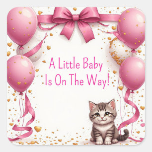 Pegatina Cuadrada Tarjeta de deseos de baby shower de gatito 🍼