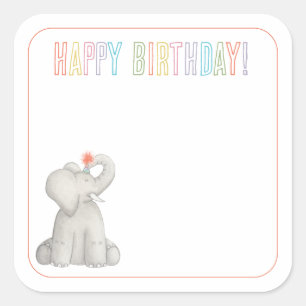 Pegatina Cuadrada Tarjeta de felicitación Elephant Happy Birthday Gi