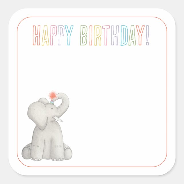 Pegatina Cuadrada Tarjeta de felicitación Elephant Happy Birthday Gi (Anverso)