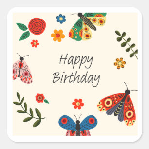 Pegatina Cuadrada Tarjeta de Feliz Cumpleaños Mariposa Floral   