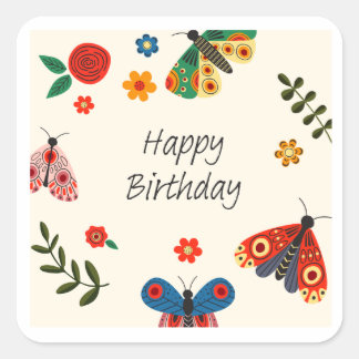 Pegatina Cuadrada Tarjeta de Feliz Cumpleaños Mariposa Floral |