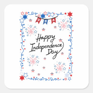 Pegatina Cuadrada Tarjeta de Feliz Día de la Independencia USA 4 de