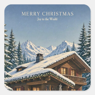 Pegatina Cuadrada Tarjeta de Feliz Navidad Chalé Alpino Acogedor Inv