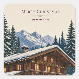 Pegatina Cuadrada Tarjeta de Navidad Chalet de Invierno Alpino Nevad