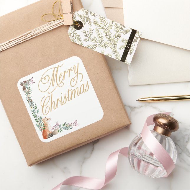Pegatina Cuadrada tarjeta de Navidad con zorro botánico personalizad (Regalar)