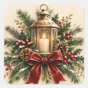 Pegatina Cuadrada Tarjeta de Navidad pastel, Vela acogedora, Cinta