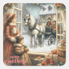 Pegatina Cuadrada Tarjeta de Navidad Rústica Victoriana