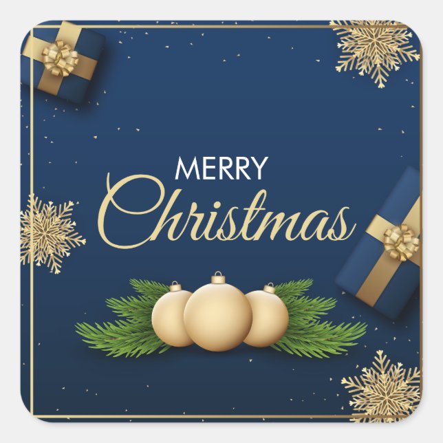 Pegatina Cuadrada Tarjeta de Navidades Golden Snowflakes, Feliz Navi (Anverso)