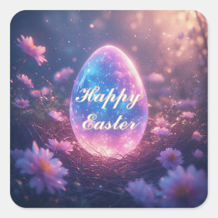 Pegatina Cuadrada Tarjeta de Pascua de Huevo de Neón Holográfico