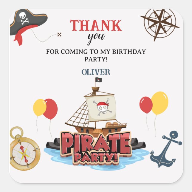 Pegatina Cuadrada Tarjeta de regalo de cumpleaños para el mar pirata (Anverso)