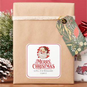 Pegatina Cuadrada Tarjeta de regalo familiar de Santa Plaid Merry Ca