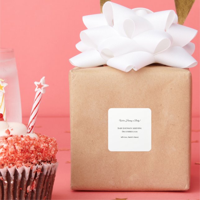 Pegatina Cuadrada Tarjeta de revelación de bebé personalizado (Fiesta)