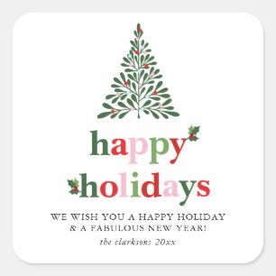 Pegatina Cuadrada Tarjeta de Vacaciones Holly Merry & Bright