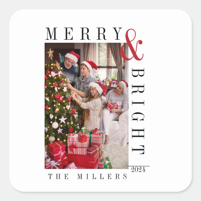 Pegatina Cuadrada Tarjeta fotográfica navideña de escritura moderna (Anverso)