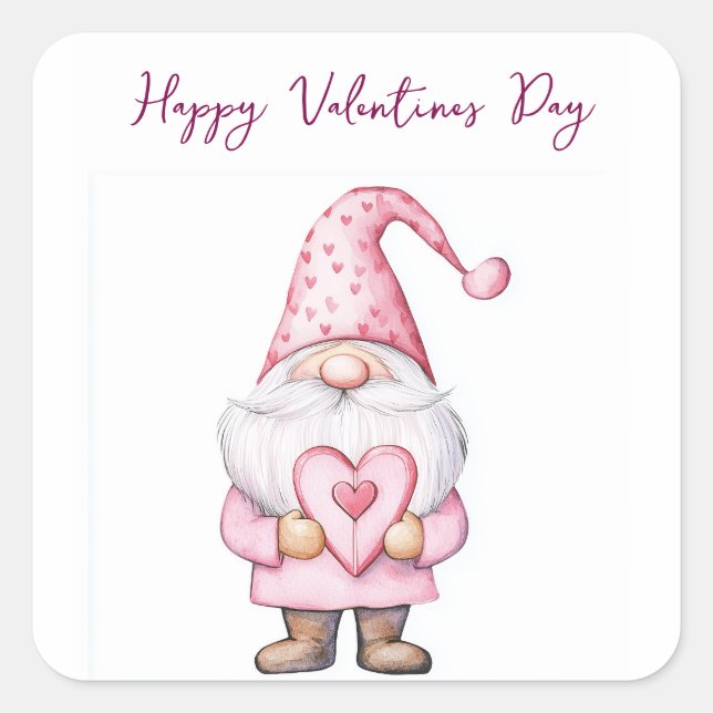 Pegatina Cuadrada tarjeta linda con un gnomo rosa personalizado enam (Anverso)