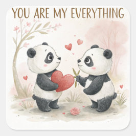 Pegatina Cuadrada Tarjeta Panda romántica