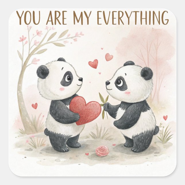 Pegatina Cuadrada Tarjeta Panda romántica (Anverso)