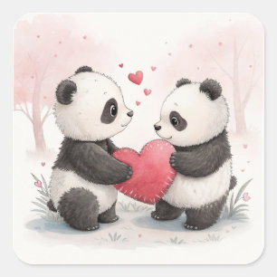 Pegatina Cuadrada Tarjeta Panda romántica