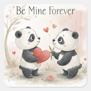 Pegatina Cuadrada Tarjeta Panda romántica - Sé mía para siempre