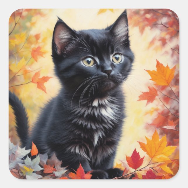 Pegatina Cuadrada Tarjeta plana Black Kitten Autumn Scenn (Anverso)