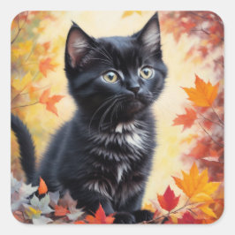 Pegatina Cuadrada Tarjeta plana Black Kitten Autumn Scenn